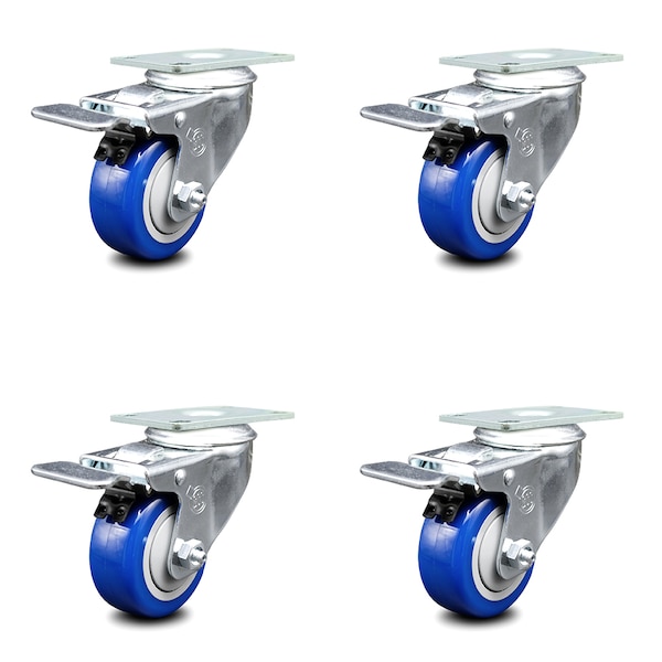 3.5 Inch Blue Polyurethane Swivel Top Plate Caster Set with Total Lock Brake